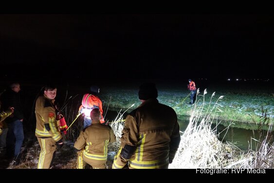 Hondje zwemt ijskoude sloot over en wordt door brandweer van weiland gered